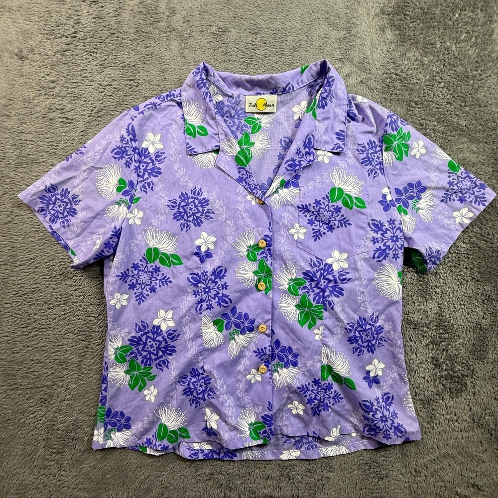 Full Moon Womens XL Hawaiian Shirt Purple Floral Button Up Short Sleeve Hawaii
